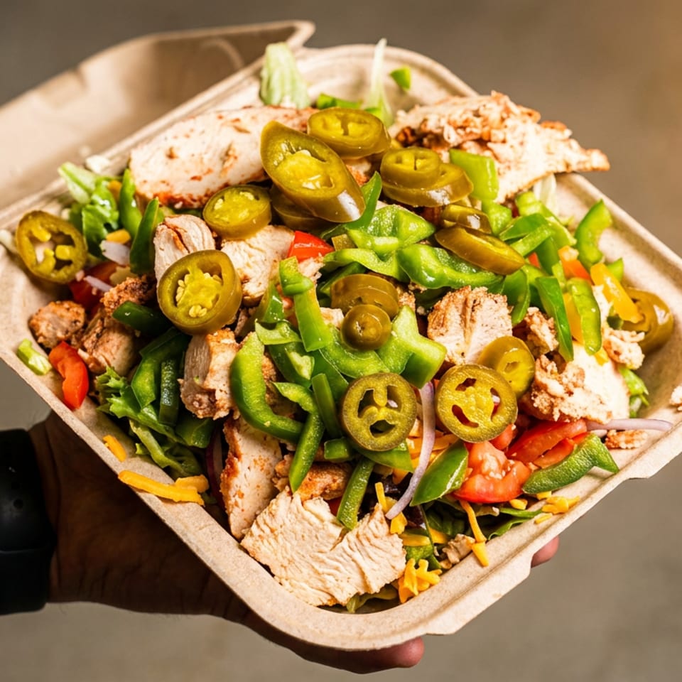 A hand holds a takeout container filled with a colorful salad topped with chicken, peppers, and jalapeños.