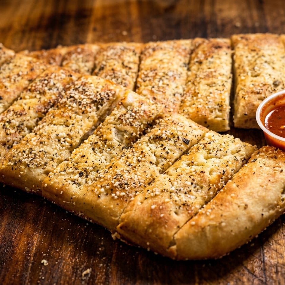 Garlic breadsticks, seasoned with herbs and cheese, served with a side of marinara sauce on a wooden board.