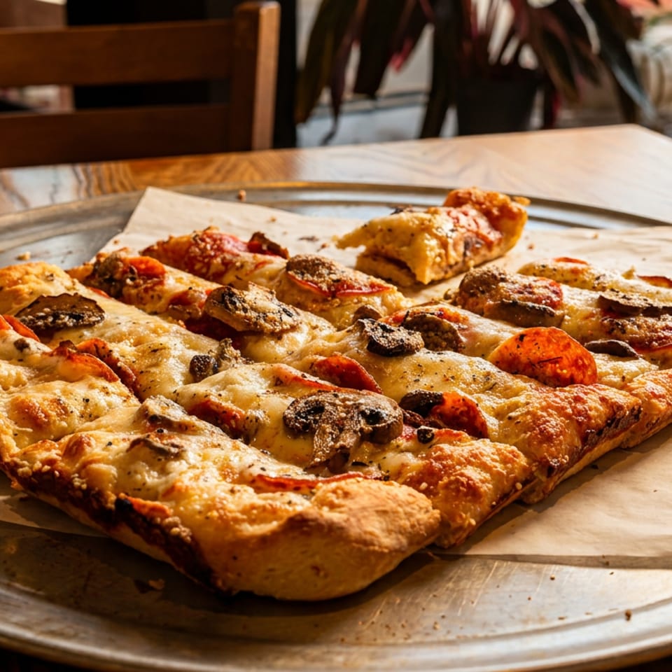 Rectangular pizza with pepperoni and mushrooms, sliced, on a metal tray with parchment paper.