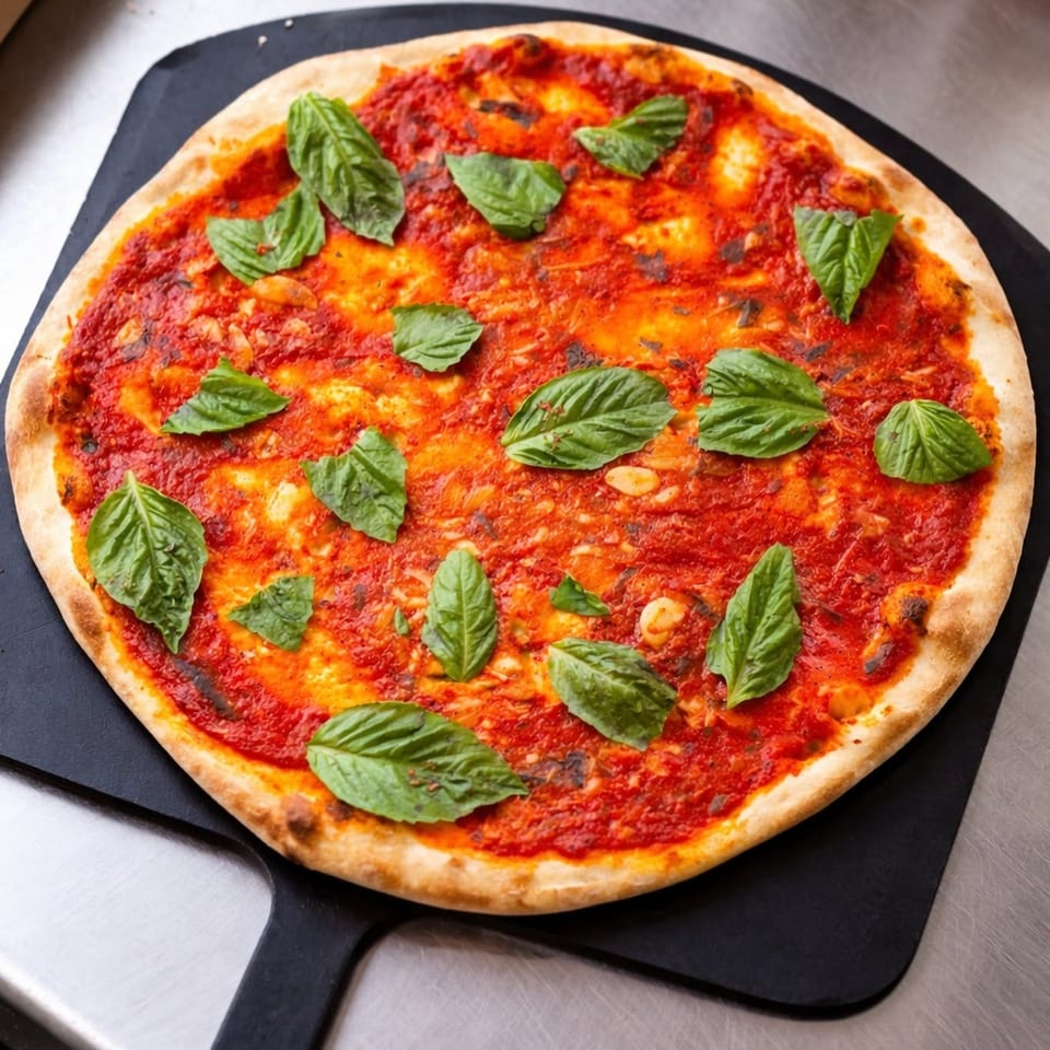 Freshly baked pizza with vibrant red tomato sauce and green basil leaves on a black pizza peel.