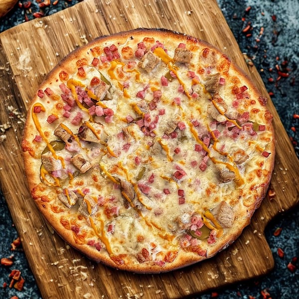 Overhead view of a pizza with cheese, ham, chicken, and yellow sauce on a wooden board.